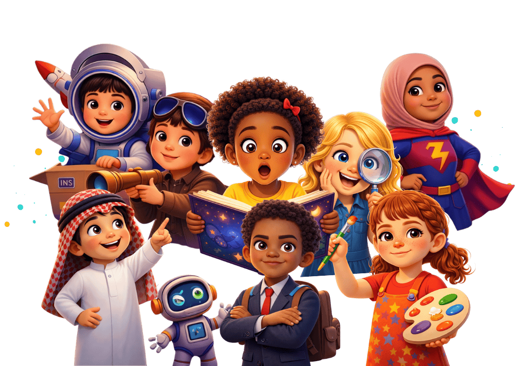Diverse group of illustrated children characters — astronaut, superhero, artist, reader, and more